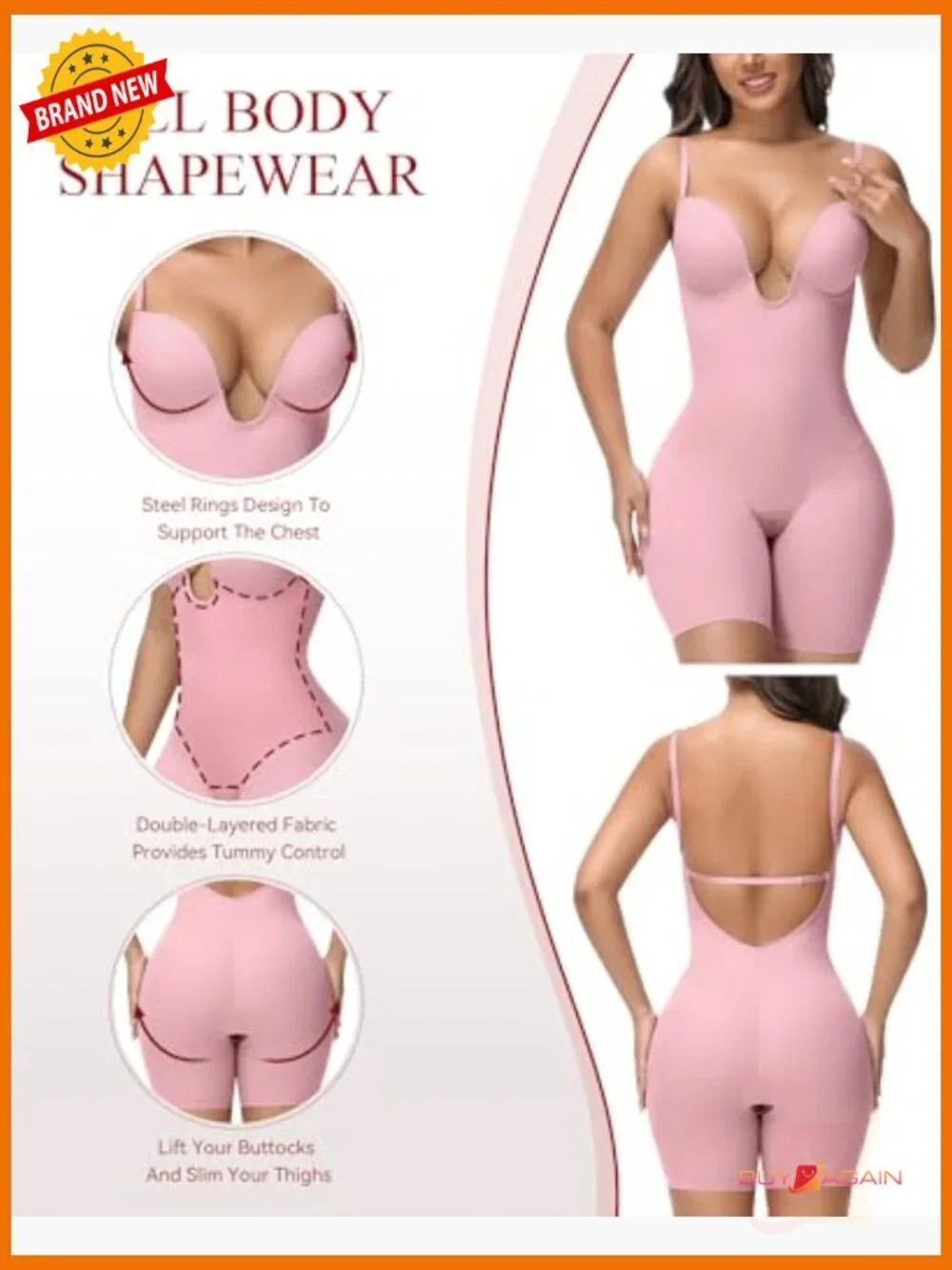 Backless Shapewear Bodysuit Strapless Deep Plunge Tummy Control Built-In Bra